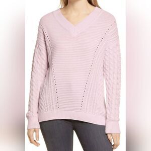Caslon Nordstrom Size Small Cozy Light Pink V-Neck Cable Knit Sweater NWT Preppy